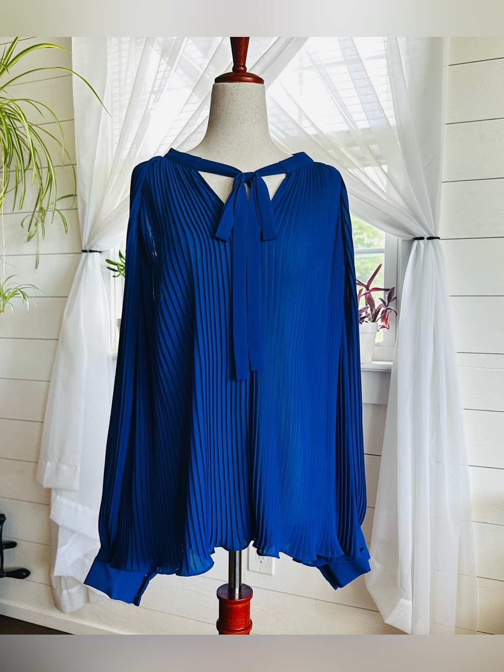Endless Rose Pleated Chiffon Blouse Sheer Wide Long Sleeves Royal Blue Size M
